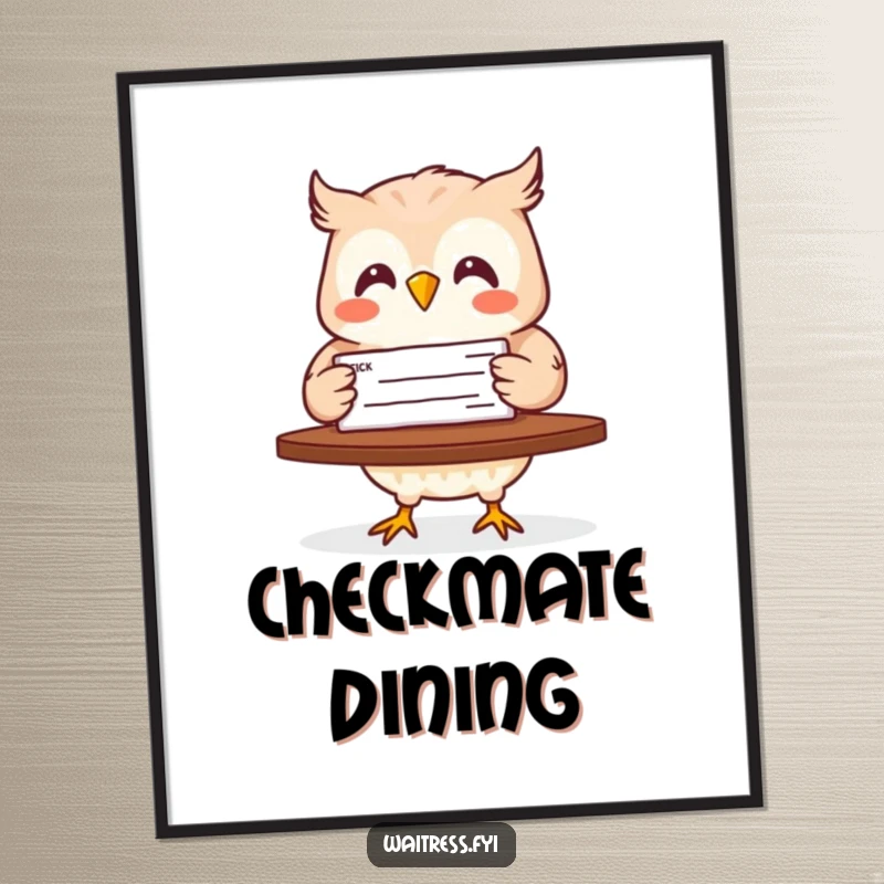 Funny digital art print of a happy owl carrying a check, instantly downloadable for humorous and celebratory decor.