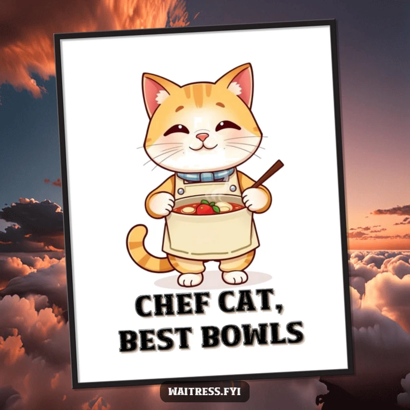 Funny cat chef digital art print, a proud cat wearing an apron presents a steaming bowl. Humorous and sophisticated artwork.
