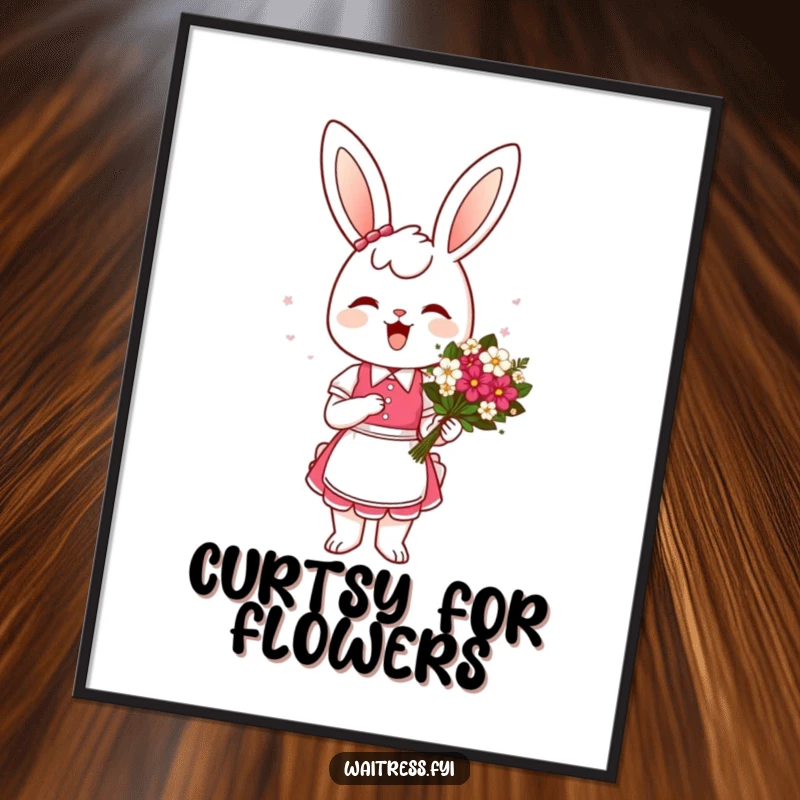 Funny Bunny Waitress Digital Art Print: A cheerful bunny waitress presenting a flower bouquet with a graceful curtsey, capturing a moment of sweet service.