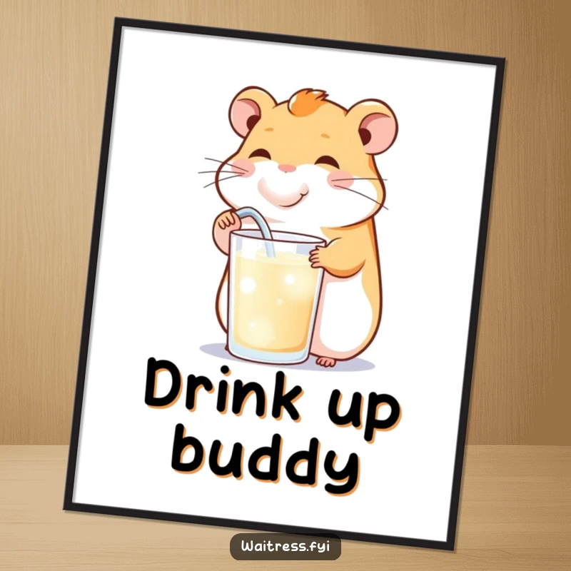 Funny digital art print of a happy hamster cheekily refilling a drink, ideal for instant, cheerful, and humorous home decor.