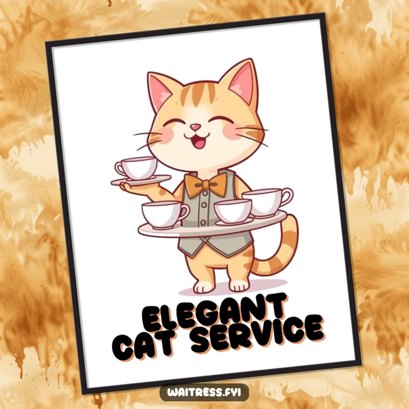 Funny Cat Waiter Digital Art Print: A happy cat character in a bowtie is depicted smoothly balancing a tray of delicate teacups.