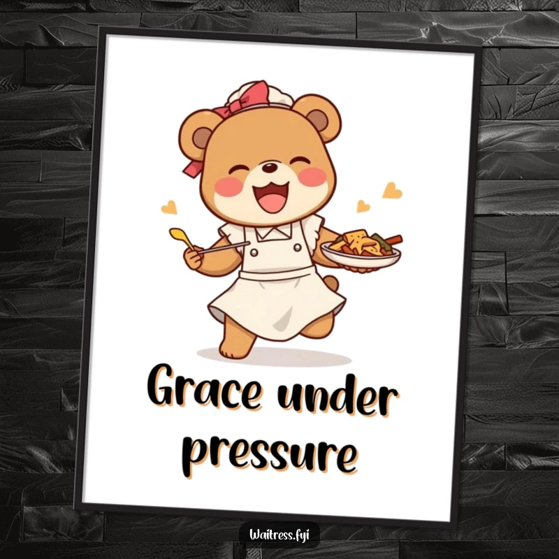Funny bear waitress digital art print of a happy bear tripping but saving food, offering instant comedic wall decor.