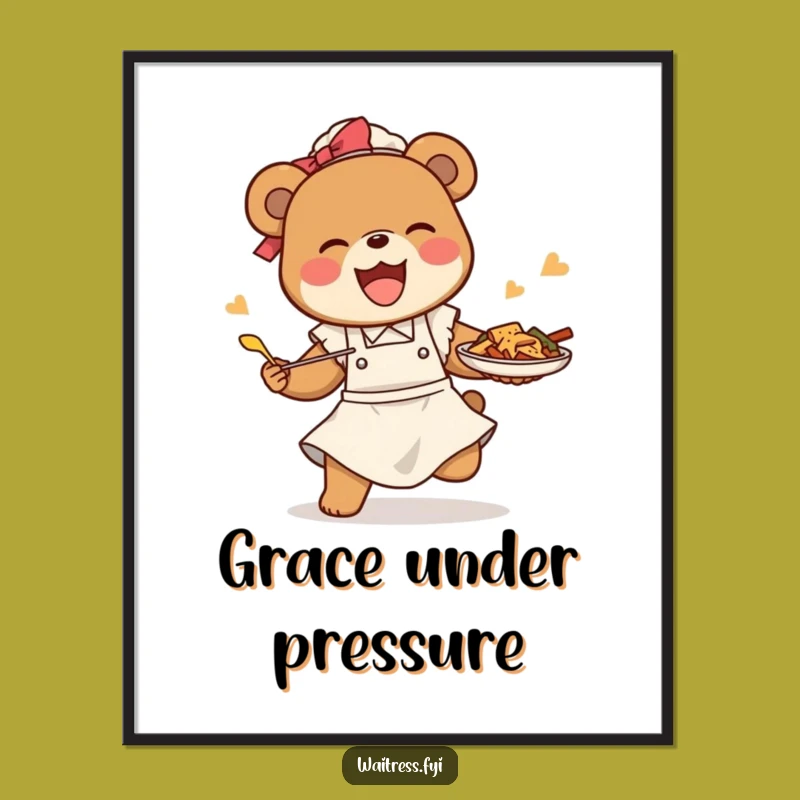 Funny Bear Waitress Digital Art: Humorous Restaurant Wall Decor Printable, Instant Gift