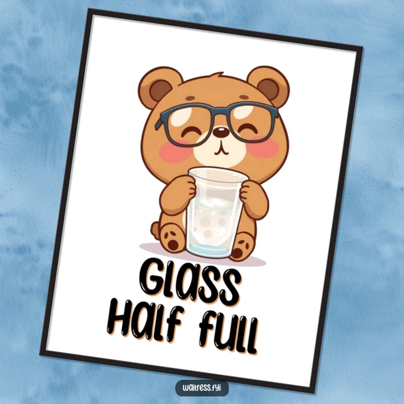 Funny brown bear with glasses efficiently refills a water glass, captured in this humorous digital art print.