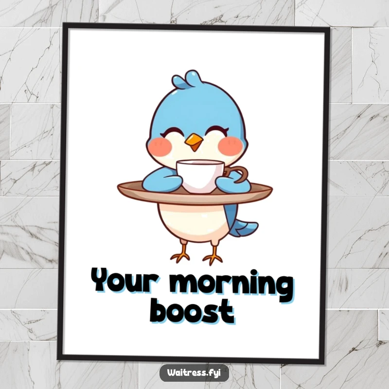 Funny blue bird character balancing a tray, winking as it presents a steaming cup as a digital art print, a funny gift.