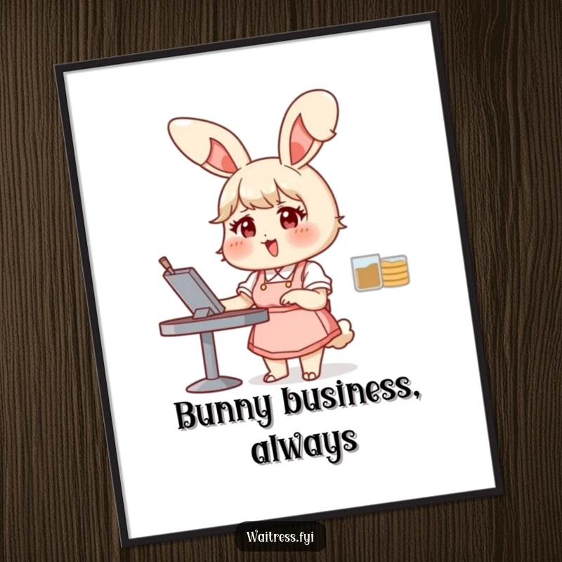 Funny bunny waitress digital art print of a chubby bunny taking an order with glee, bringing humorous charm to any digital display or print.