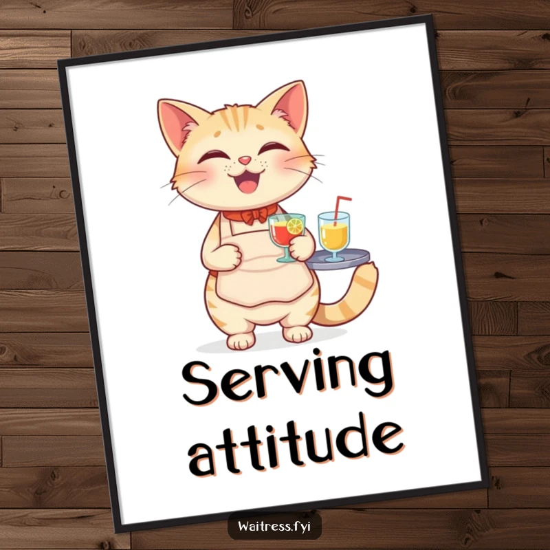 Funny Cat Waiter Digital Art Print of a smiling cat in a server apron, expertly balancing a tray of beverages.