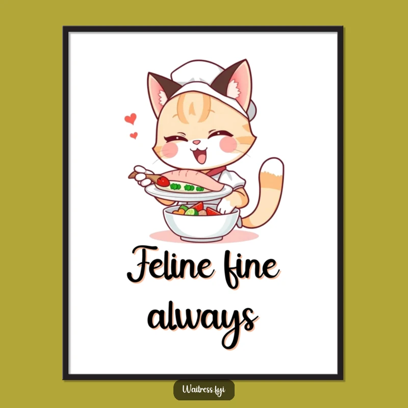 Funny Cat Waitress Digital Art: Winking Feline Download, Instant Hilarious Gift