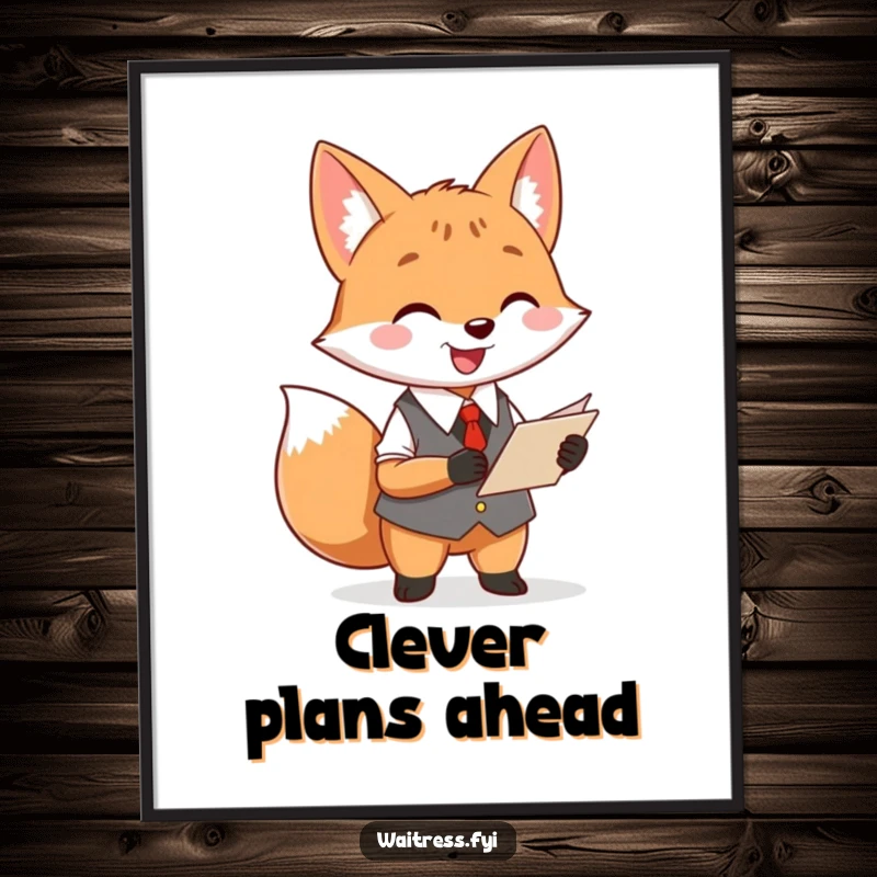 Funny fox waiter digital art print of a cheerful fox taking an order, offering instant restaurant charm and humor.