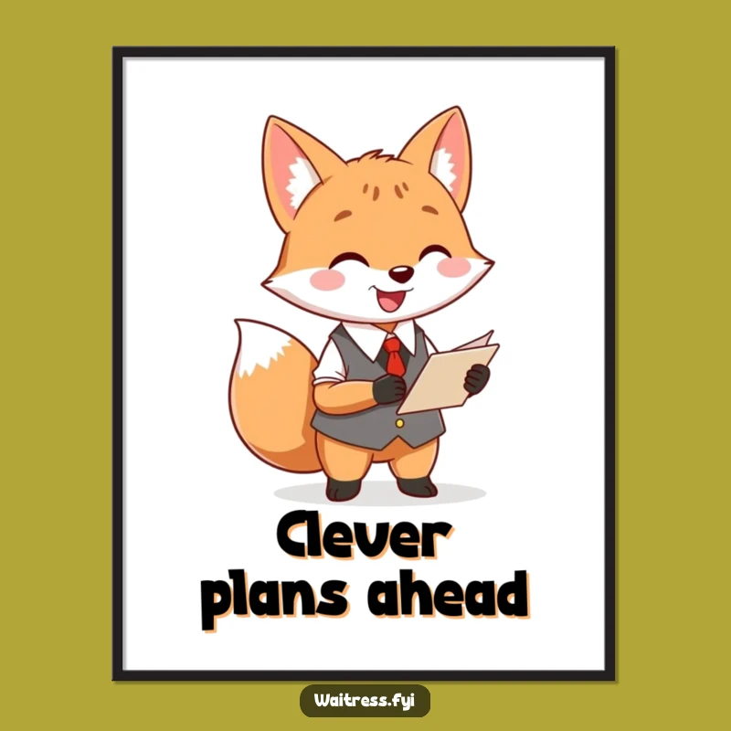 Funny Fox Waiter Digital Art: Restaurant Wall Decor Printable, Instant Gift