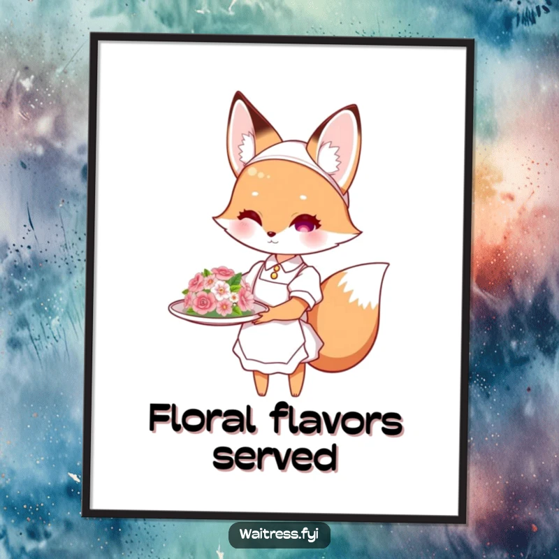 Funny fox waitress digital art print of a cute fox presenting a flower-decorated dish, bringing humorous charm to any digital display or print.