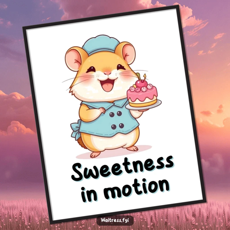 Funny Hamster Digital Art Print: A perky hamster gleefully presents a tiny decorated cake, radiating cheer and fun.