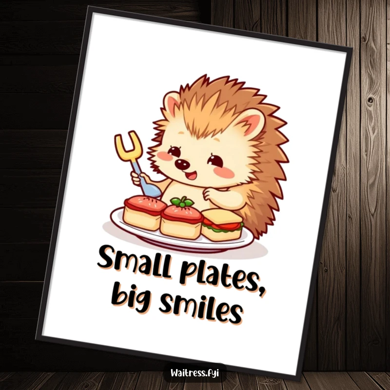 Funny Hedgehog Digital Art Print: A charming hedgehog carefully arranges miniature sandwiches, radiating refined humor and delicate artistry.