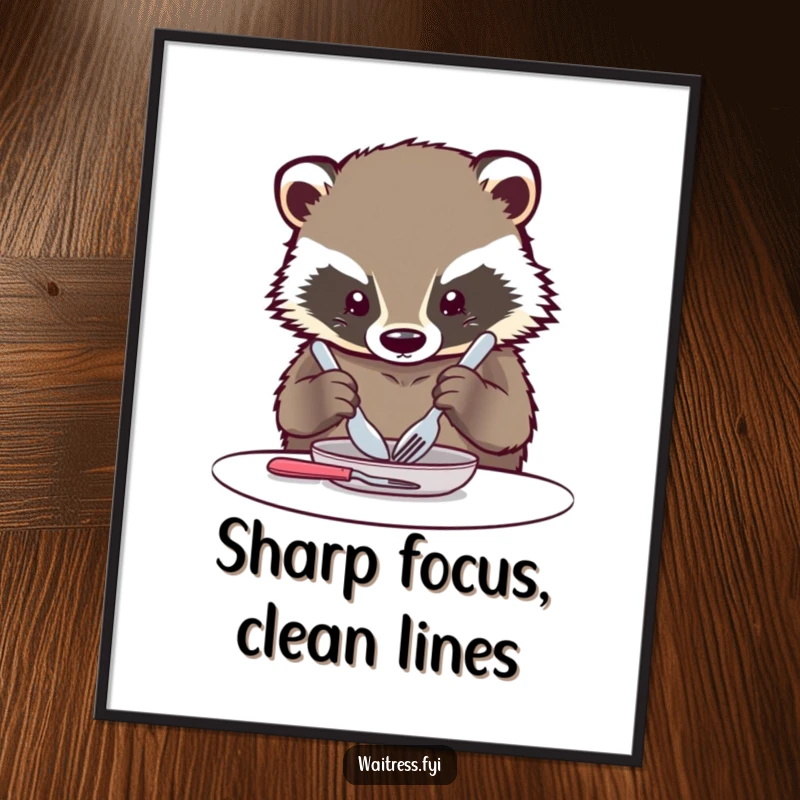 Funny Kawaii Badger Digital Art Print: A kawaii badger is shown with great care arranging cutlery.