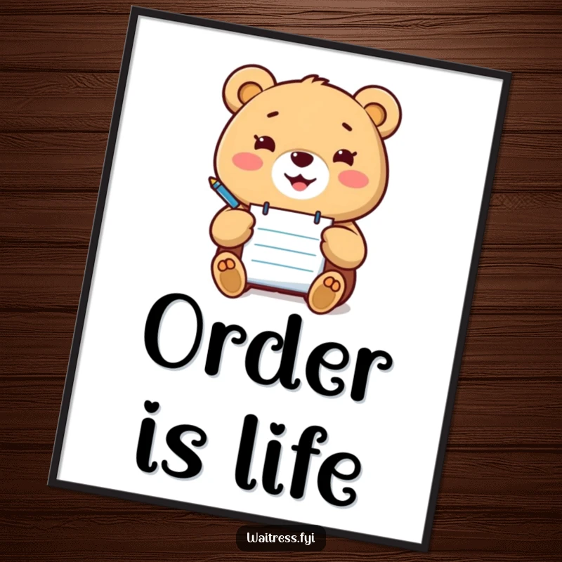 Funny Kawaii bear digital art print of a happy bear with a notepad and pen, ready to take orders, for instant decor.