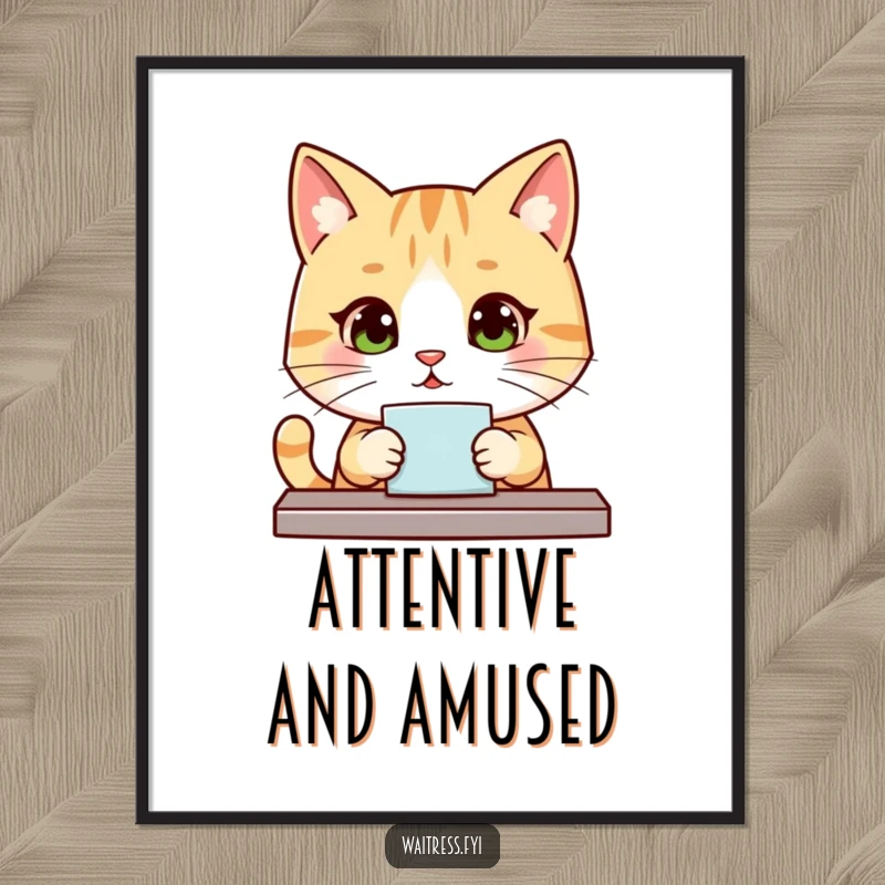 Funny Kawaii Cat Digital Art Print: A cute, polite cat taking an order, perfect for instant, charming wall decor.
