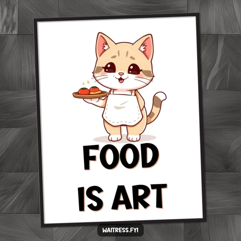Funny Kawaii cat waiter digital art print of a cute cat in an apron carrying a food tray, for instant decor.