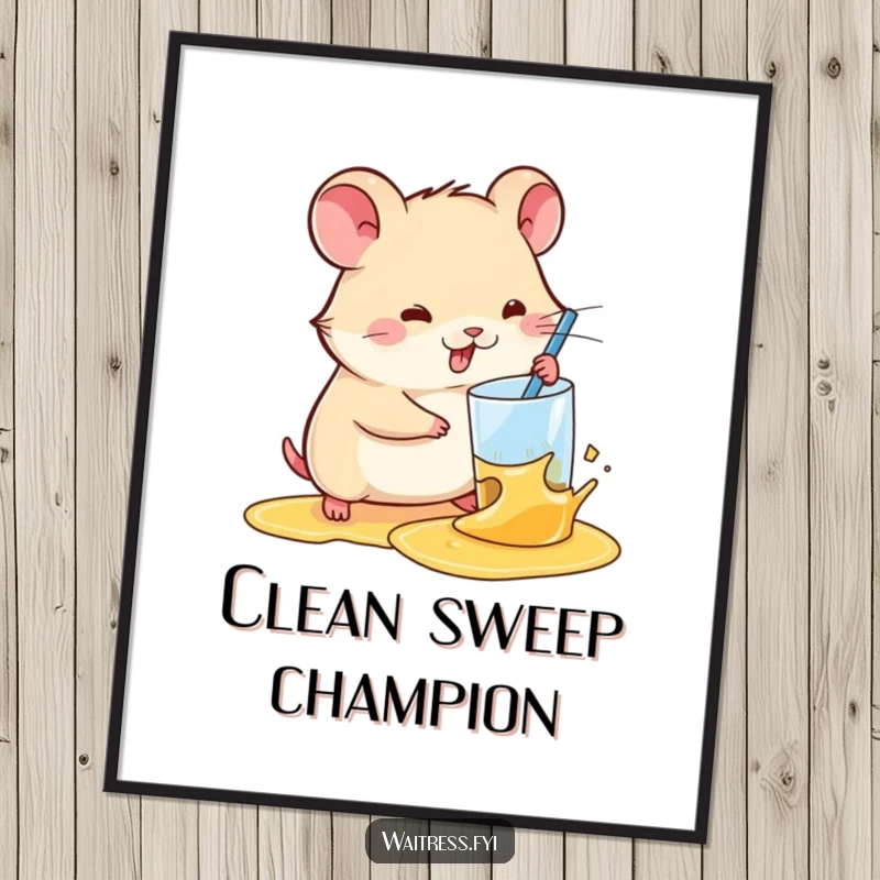 Funny Kawaii Hamster Digital Art Print: A kawaii hamster is shown with impressive speed cleaning a spilled drink.