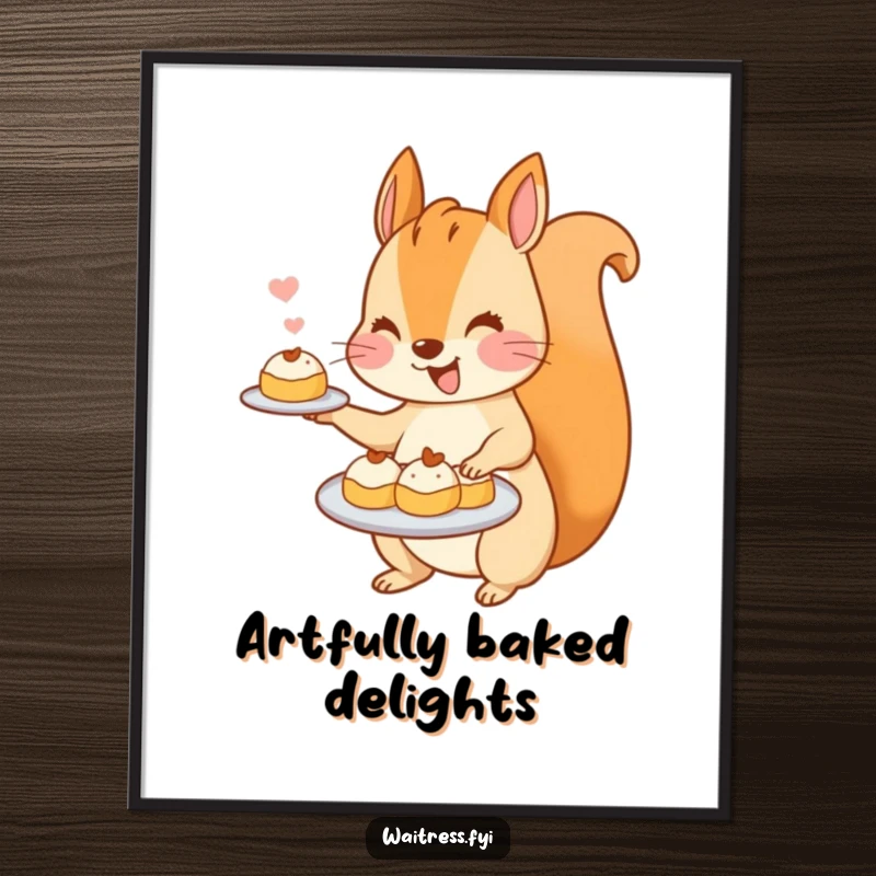 Funny Kawaii Squirrel Digital Art Print: A delightful artwork of a cute squirrel enthusiastically serving a platter of miniature pastries.
