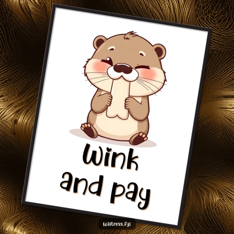Funny digital art print of a giggling otter presenting a bill with a wink, adding playful decor.