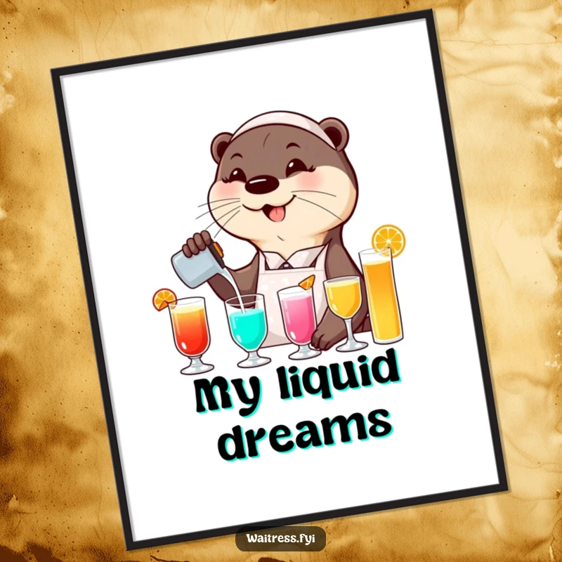 Funny otter waitress digital art print showing a smiling otter pouring colorful drinks with a flourish, offering instant humor for download and display.