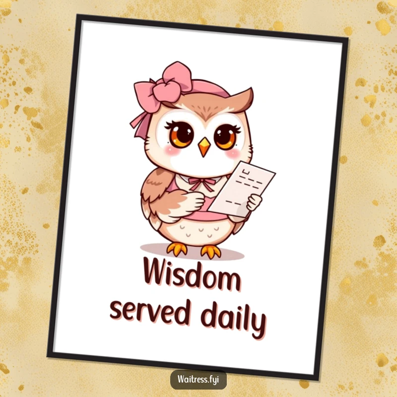 Funny Owl Digital Art Print: A polite owl with a gentle smile offers a menu, creating a warm and humorous piece of art.