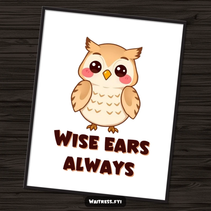 Funny Owl Listener Digital Art Print of a cheerful owl character attentively listening with a knowing smile, ready for instant download.