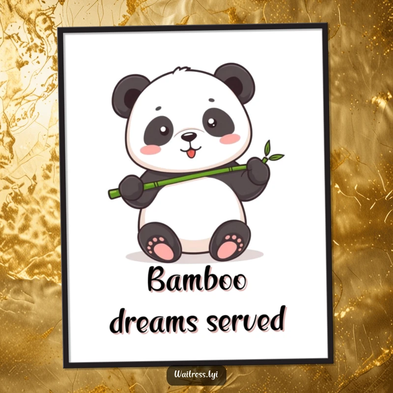 Funny Panda Serving Digital Art Print featuring a cute panda artistically serving a tiny bamboo shoot with pride, capturing nature's gentle humor.