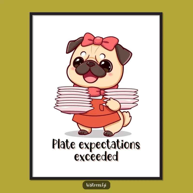Funny Pug Waitress Digital Art: Instant Download of Smiling Dog, Perfect Gift