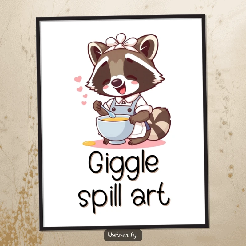 Printable funny raccoon waitress digital art showing a giggling raccoon spilling imaginary soup, ideal for immediate wall decor.