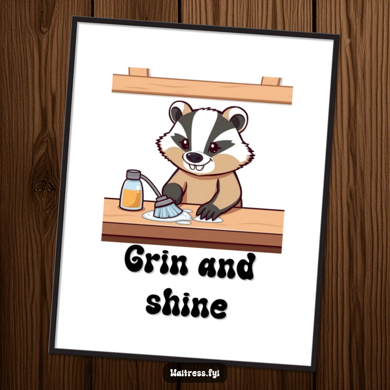 Funny digital art print of a badger wiping a table with a determined grin, radiating focus and cleaning motivation.