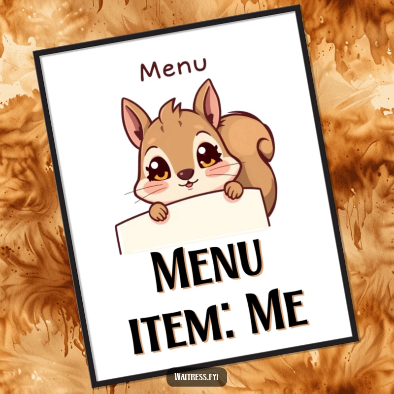 Funny squirrel digital art print, a surprised squirrel peeking from a menu, ready to download. Humorous and quirky artwork.
