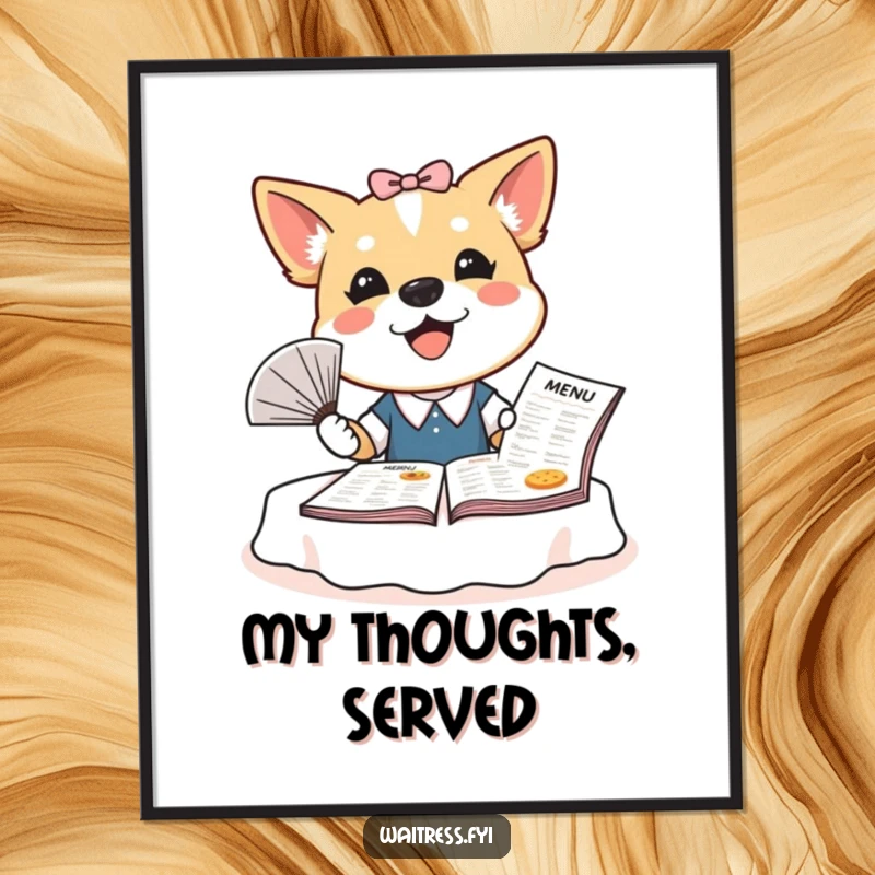 Funny dog waitress digital art print featuring a bubbly dog fanning a menu, offering vibrant humor for immediate download and display.