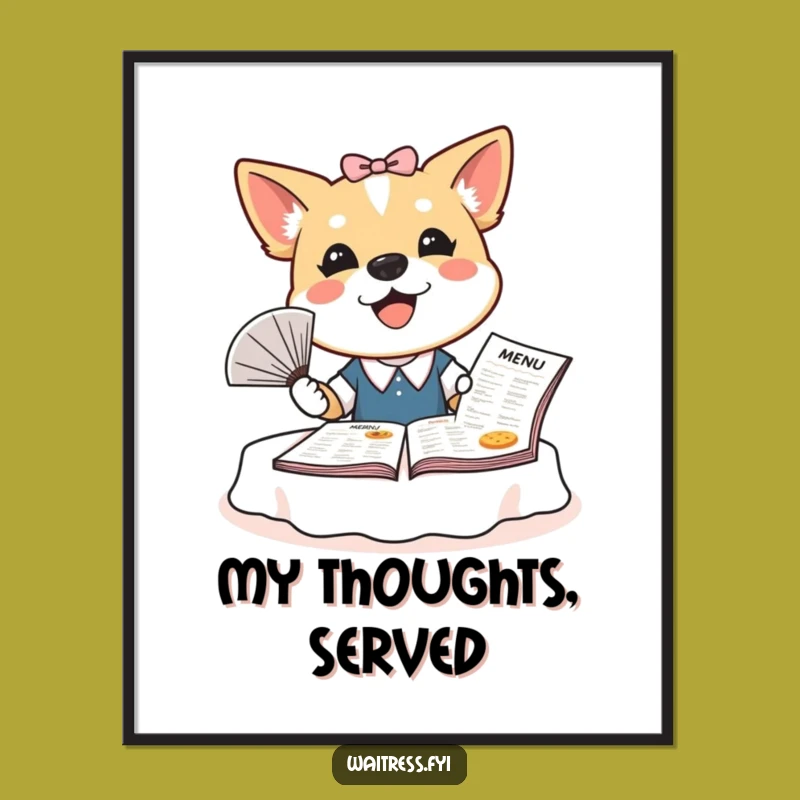Funny Dog Waitress Digital Art: Bubbly Pup Menu Fan Download, Instant Humorous Gift