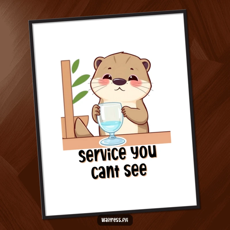 Funny Otter Digital Art Print: A contented otter server diligently polishes an invisible glass, a humorous piece of art for instant download.