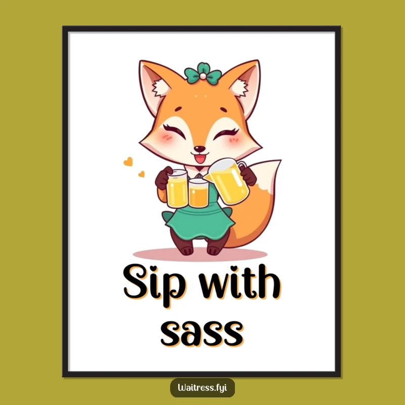 Funny Fox Waitress Digital Art: Winking Fox Printable, Instant Humorous Decor Gift