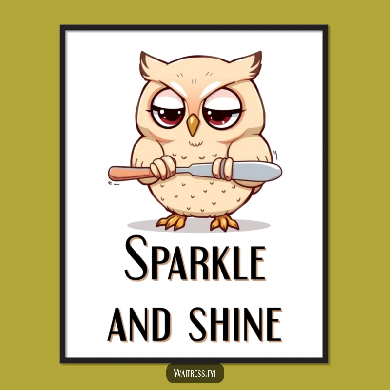 Funny Kawaii Owl Polishing Digital Art: Instant Focused Decor, Perfect Printable Funny Gift!