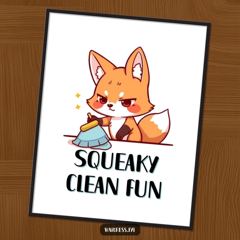 Funny playful fox character wiping a table with a determined expression, offered as a digital art print for immediate display.