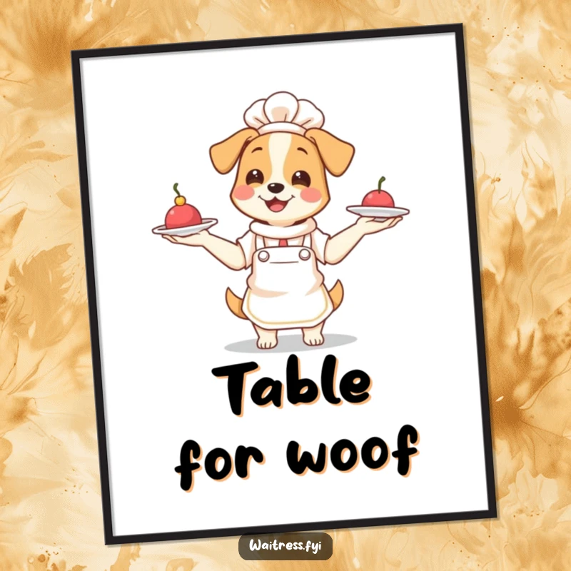 Funny Dog Waitress Digital Art: Smiling dog waitress juggling plates, printable humorous illustration.