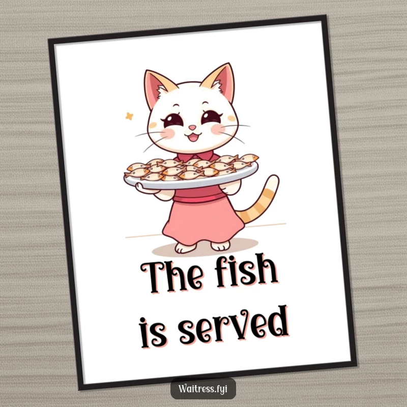 Funny Cat Waitress Digital Art Print: A happy cat waitress balancing a tray overflowing with tiny fish, capturing a moment of humorous service.