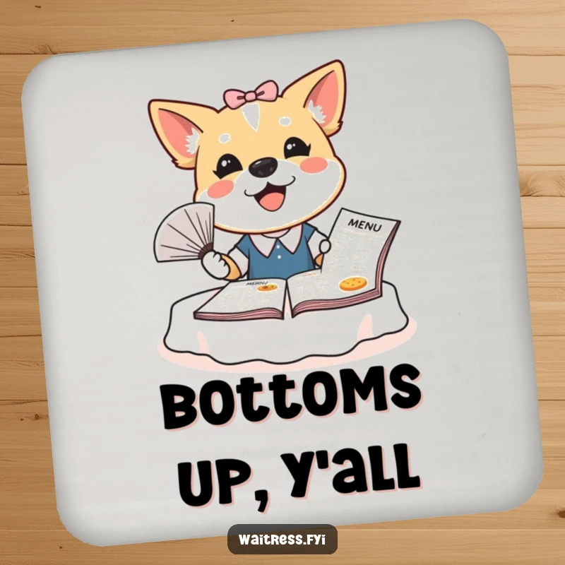 Funny dog waitress coaster set featuring a bubbly dog fanning a large menu, designed to protect tables with a humorous and charming illustration.
