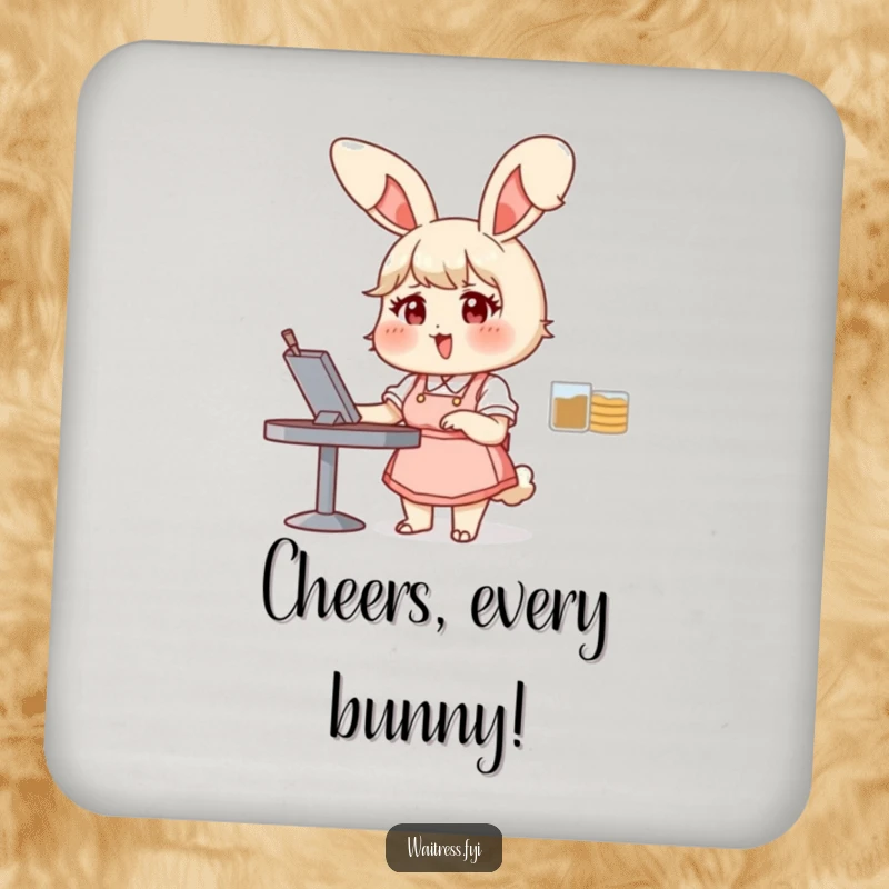 Funny bunny waitress coasters depicting a chubby bunny taking an order with glee, protecting tables with humor, ideal as a funny gift.