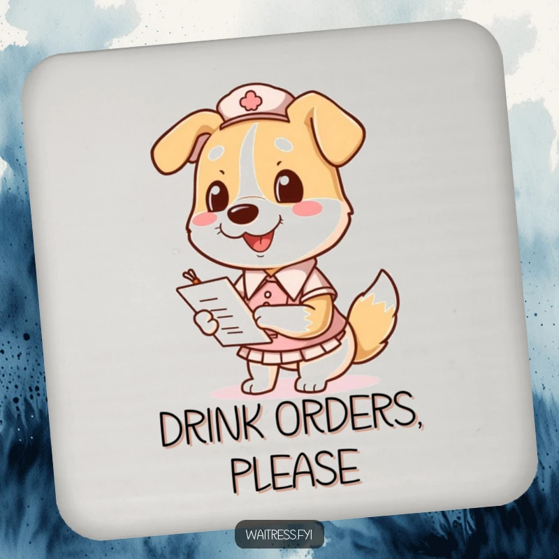 Funny Dog Waitress Drink Coasters featuring a smiling dog in a uniform, holding a notepad and pen.