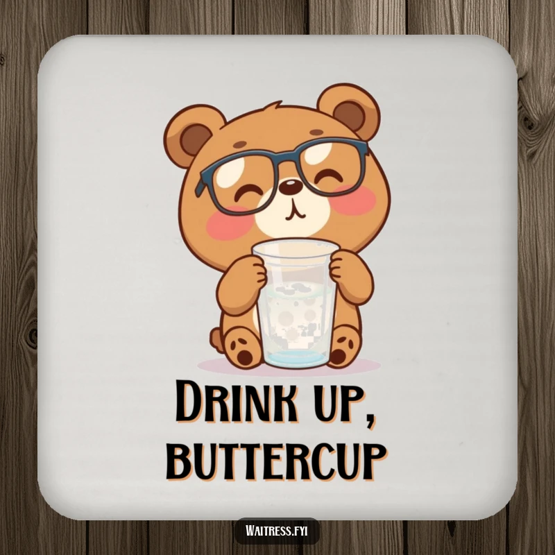 Funny brown bear with glasses refills a water glass, adding a touch of humor to this protective drink coaster.