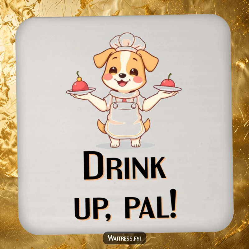 Funny Dog Waitress Coasters: Smiling dog waitress juggling plates, set of humorous drink coasters.