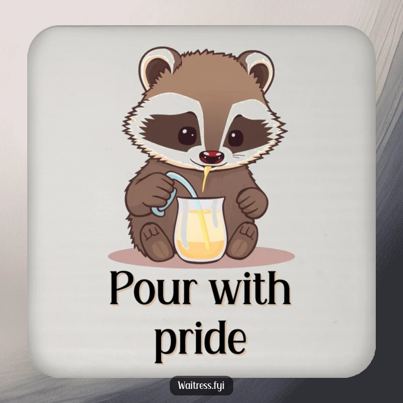 Funny badger drink coaster, a brave badger carefully pouring a drink from a tiny pitcher. Protects surfaces with humor.