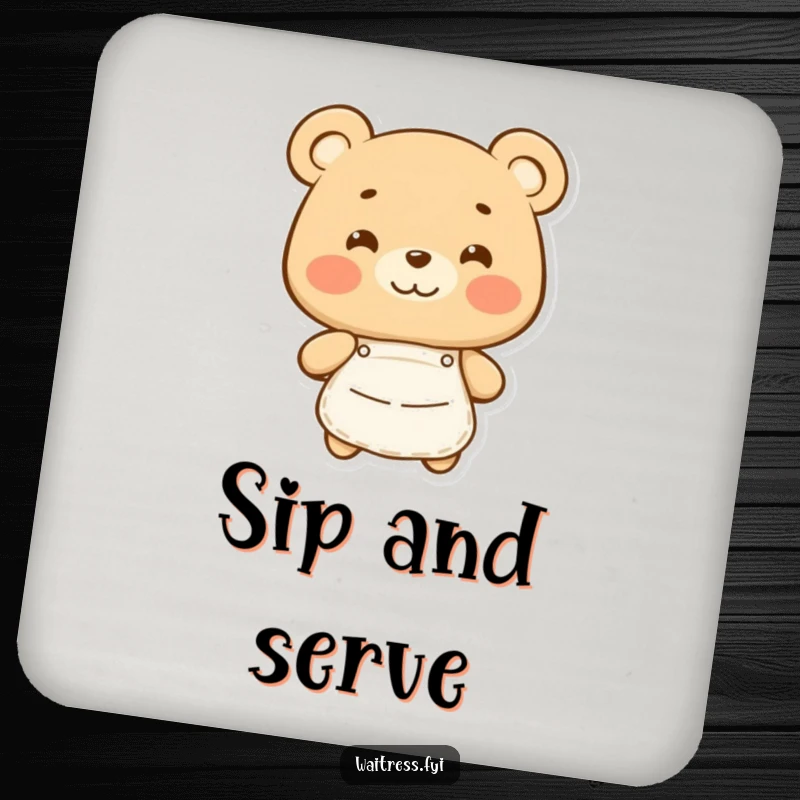 Funny Bear Coaster: Happy bear wearing an apron, symbolizing culinary joy and warmth, a fantastic funny gift.
