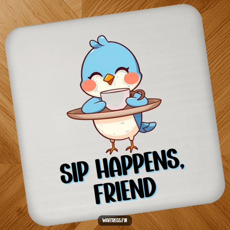 Funny blue bird character balancing a tray, winking as it presents a steaming cup on a drink coaster, a funny table gift.