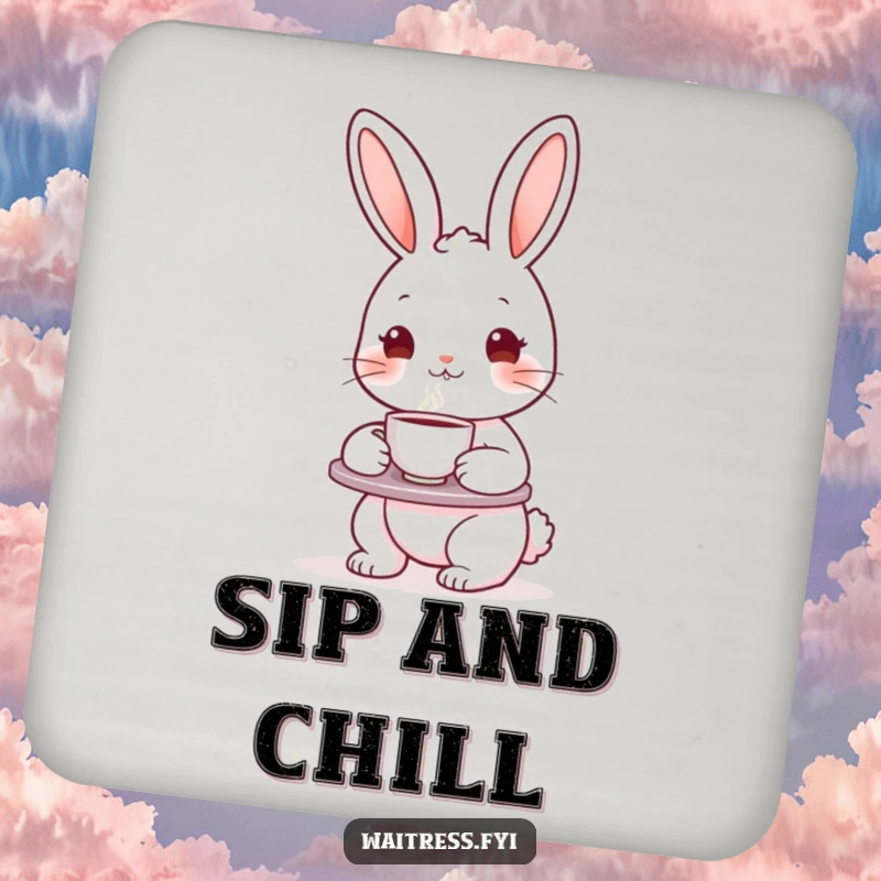 Funny bunny character holding a tea tray and teacup on a drink coaster, protecting tables from moisture and spills.
