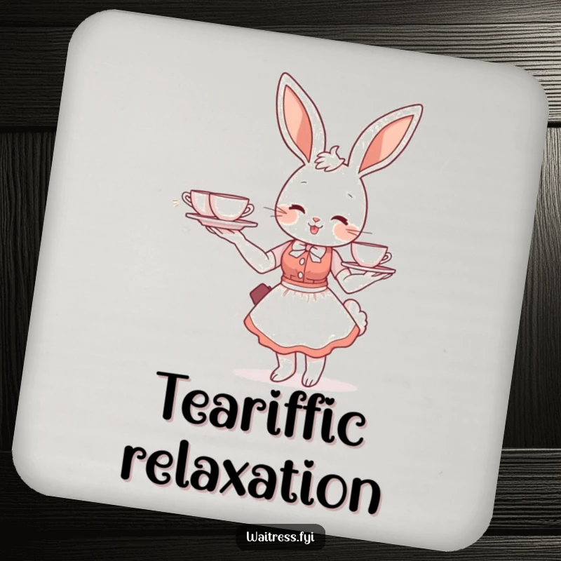 Funny bunny waitress drink coaster featuring a smiling bunny balancing a tea tray, protecting surfaces with charm.